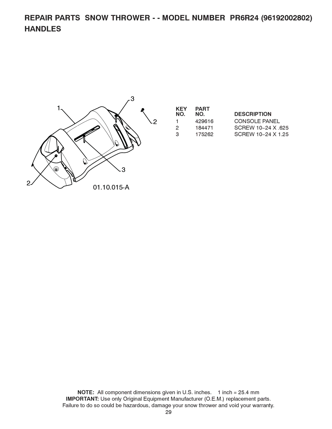 Poulan 96192002802, 430442 owner manual 01.10.015-A, Console Panel 