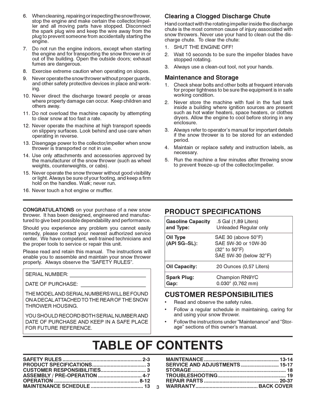 Poulan 96192002802, 430442 owner manual Table of Contents 