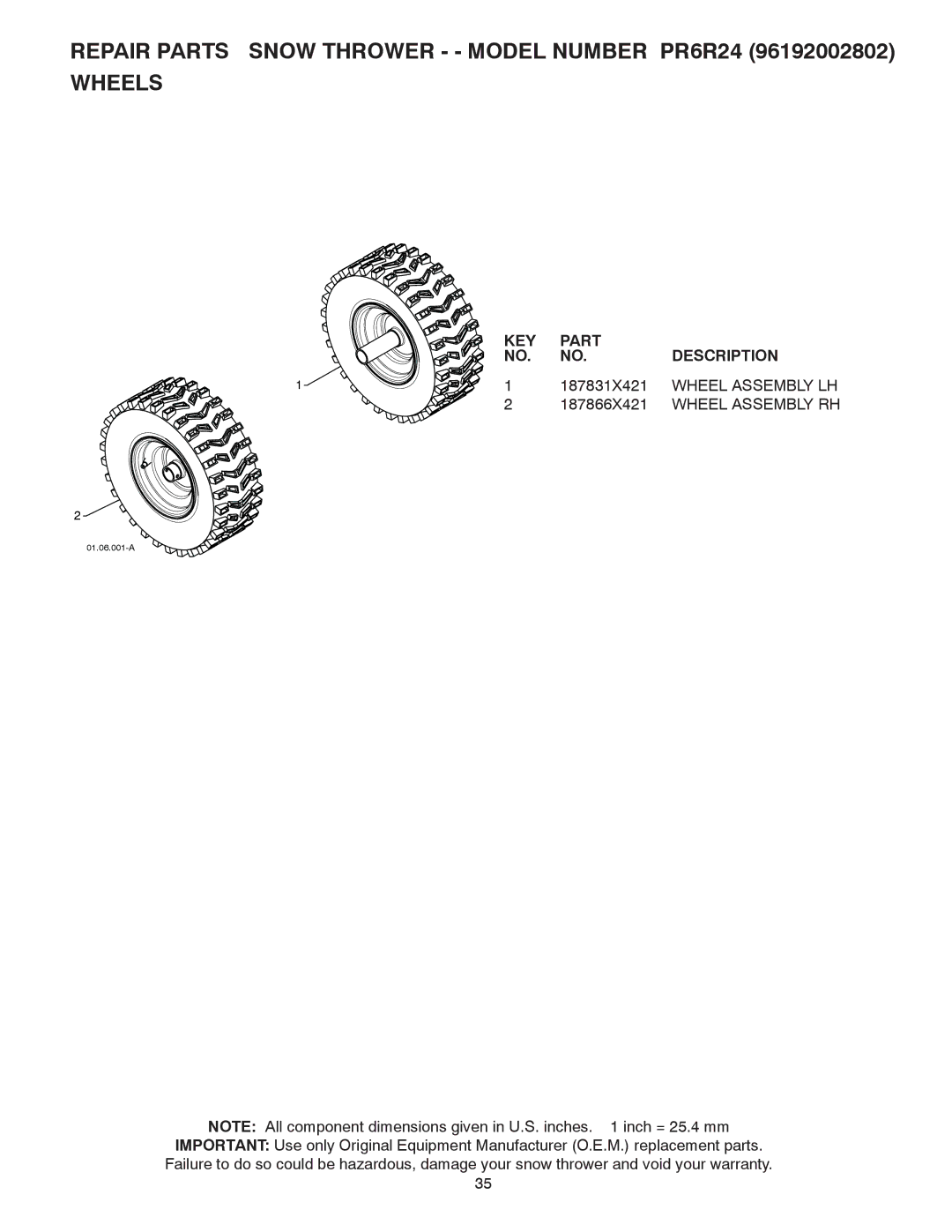 Poulan 96192002802, 430442 owner manual 187831X421, Wheel Assembly LH, 187866X421 