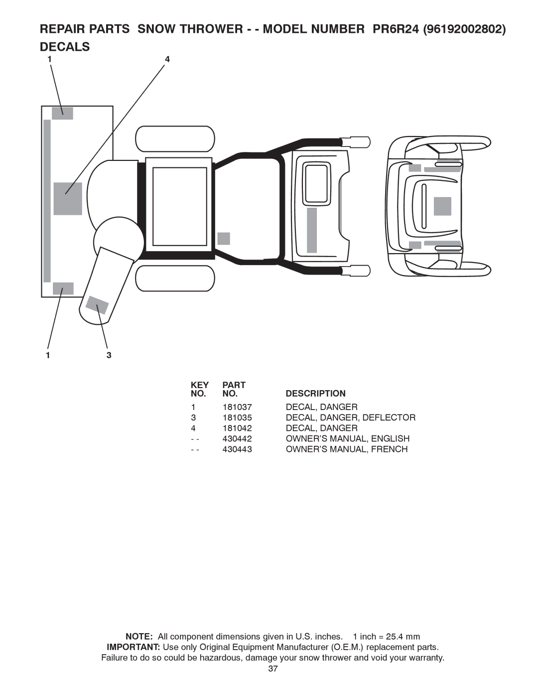 Poulan 96192002802, 430442 owner manual 181037, DECAL, Danger, DECAL, DANGER, Deflector 