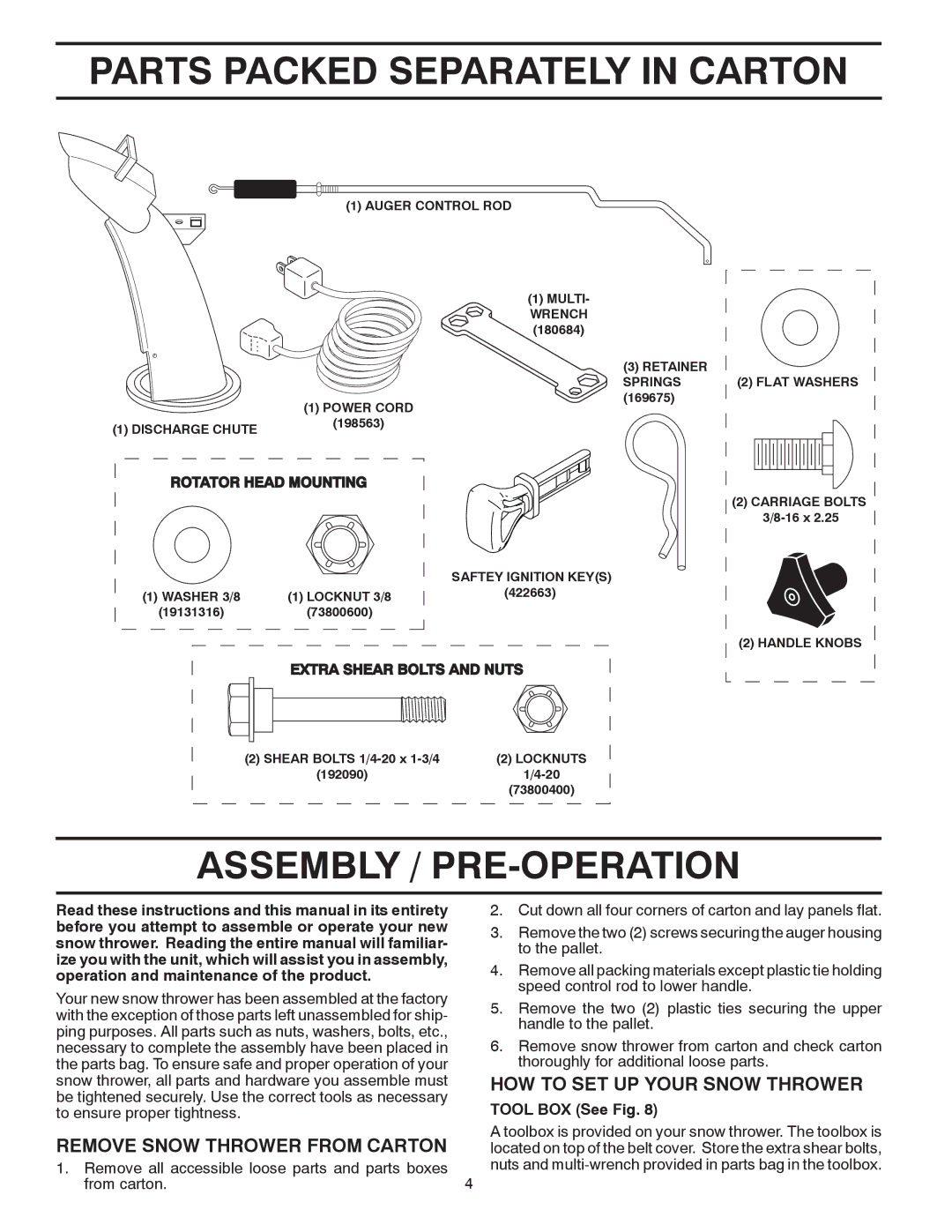 Poulan 430442, 96192002802 Parts Packed Separately in Carton, Assembly / PRE-OPERATION, Remove Snow Thrower from Carton 