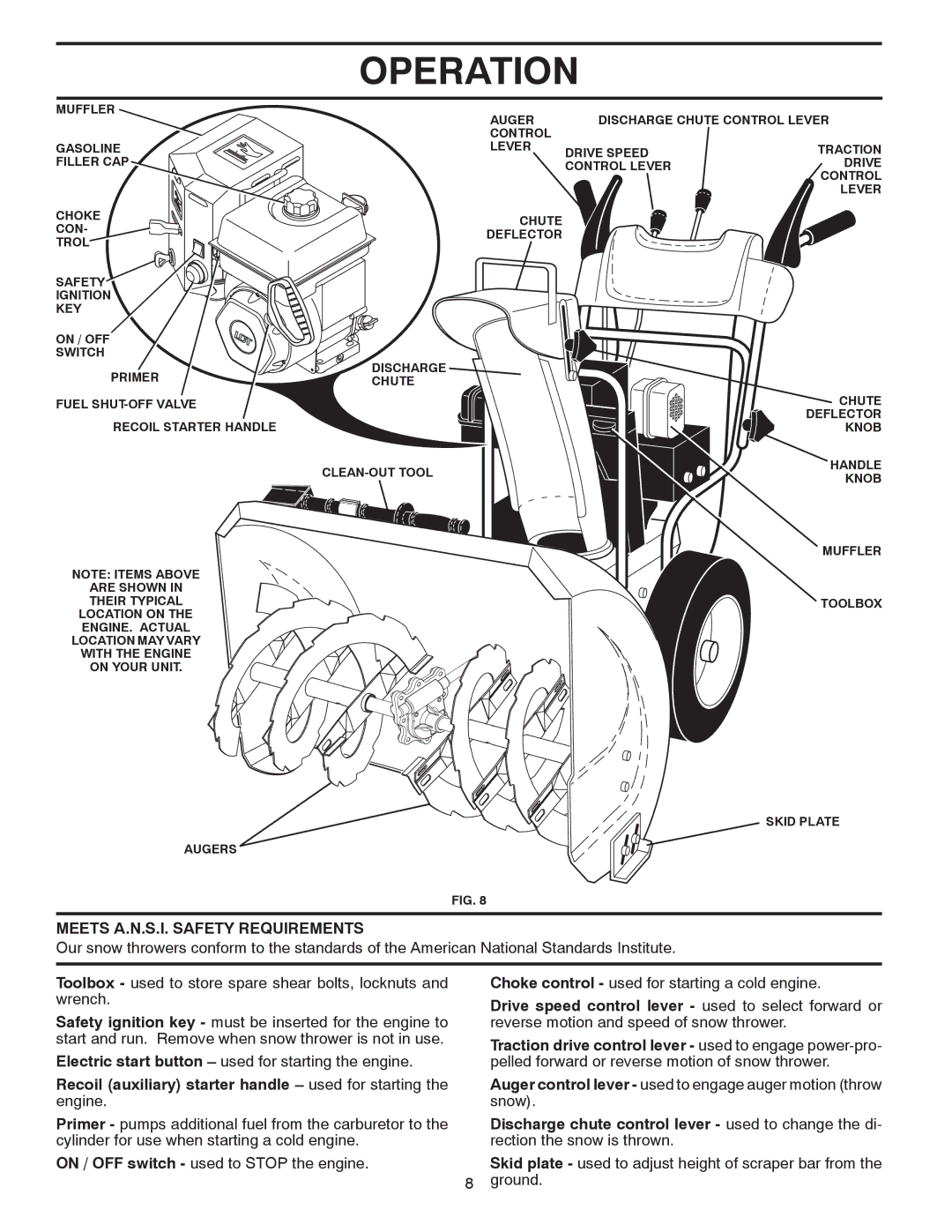 Poulan 430442, 96192002802 Meets A.N.S.I. Safety Requirements, Electric start button used for starting the engine 