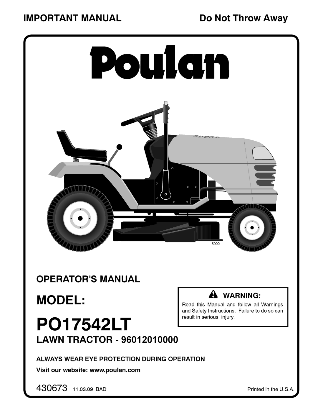 Poulan 9601210000, 430673 manual PO17542LT 