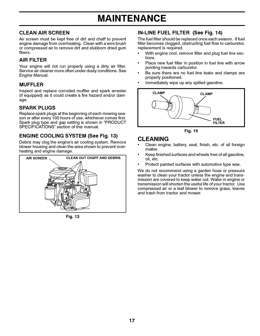 Poulan 9601210000, 430673 manual Cleaning, Clean AIR Screen, AIR Filter, Muffler, Spark Plugs 