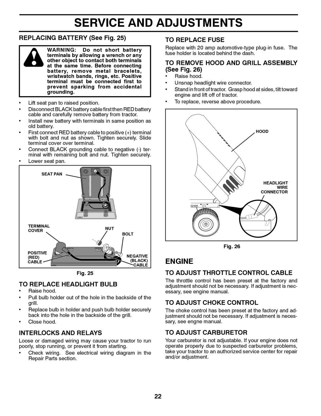 Poulan 430673 manual To Replace Headlight Bulb, Interlocks and Relays, To Replace Fuse, To Adjust Throttle Control Cable 