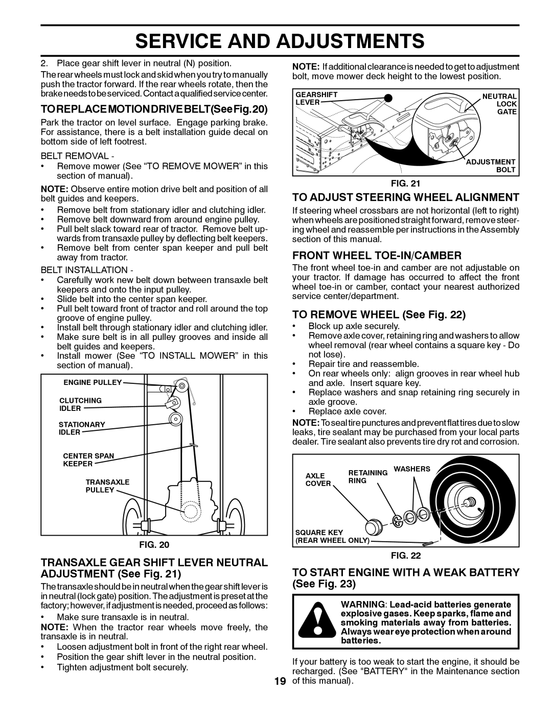 Poulan 96016002200, 431147, PXT12538 manual To Adjust Steering Wheel Alignment, Front Wheel TOE-IN/CAMBER 