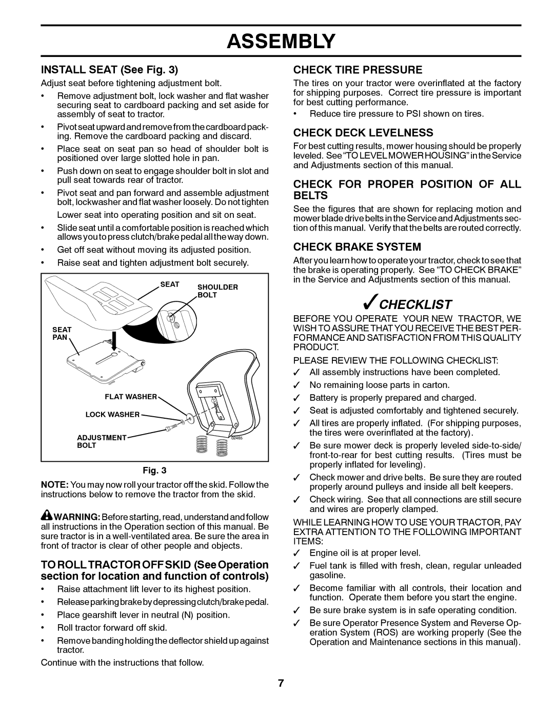 Poulan 96016002200 Install Seat See Fig, Check Tire Pressure, Check Deck Levelness, Check for Proper Position of ALL Belts 