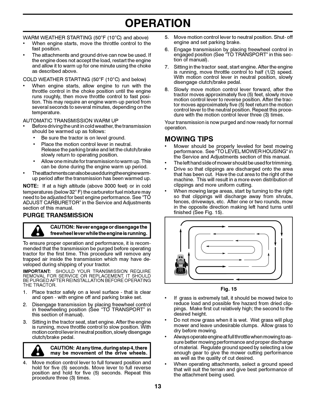 Poulan 96042010701, 431535 manual Mowing Tips, Purge Transmission, Automatic Transmission Warm UP 