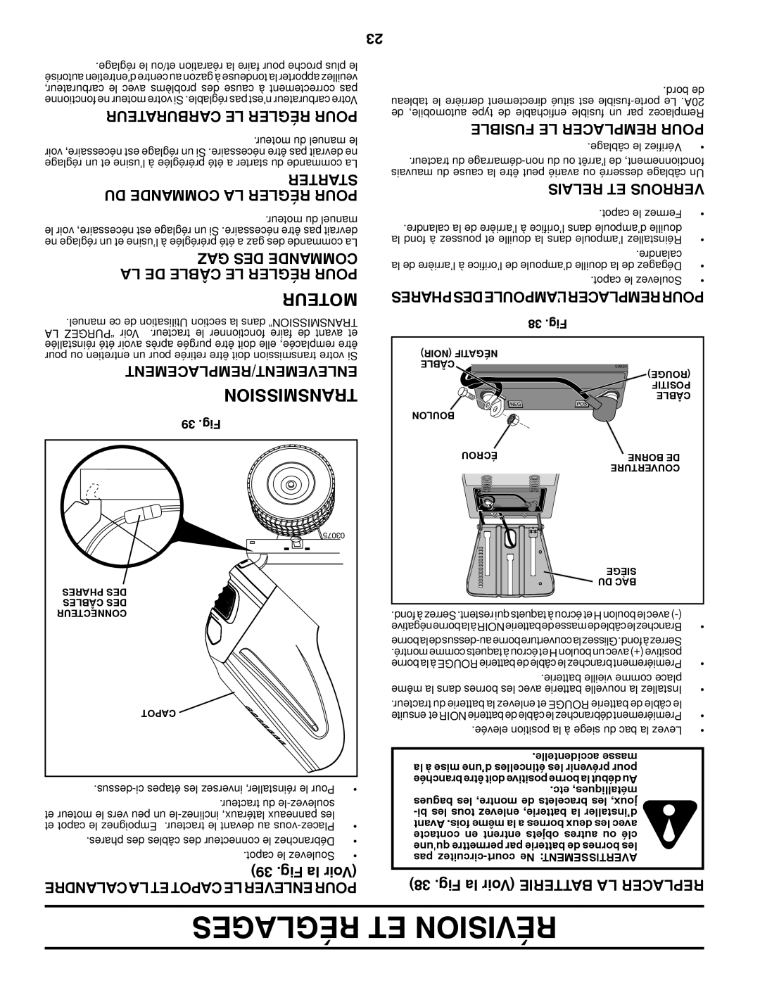 Poulan 431535, 96042010701 manual Réglages ET Révision, Moteur, Carburateur LE Régler Pour, Calandrelaetcapotleenleverpour 