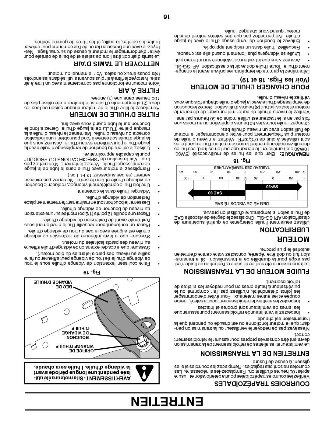 Poulan 96042010701, 431535 manual Entretien, ’AIR Tamis LE Nettoyer, AIR À Filtre, Sionmistrans LA DE Moteur Fluide 