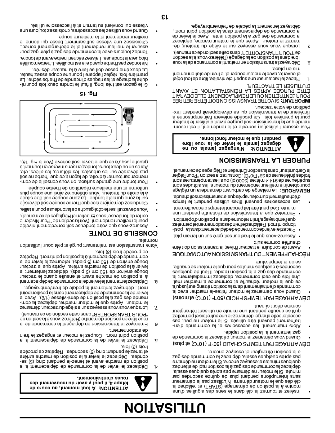 Poulan 431535 Utilisation, Transmission LA Purger, Tonte DE Conseils, 15 .Fig, Quetimaauto Transmission DU Réchauffement 