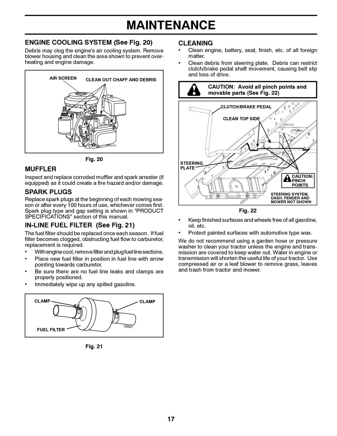 Poulan 96042010701 Maintenance, ENGINE COOLING SYSTEM See Fig, Muffler, Spark Plugs, IN-LINE FUEL FILTER See Fig, Cleaning 