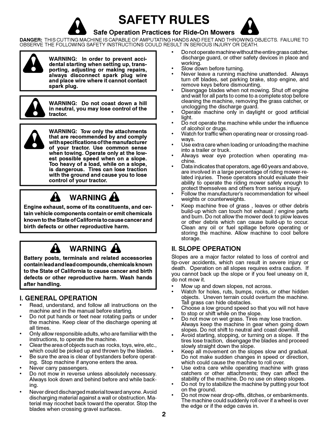 Poulan 431535 manual Safety Rules, Safe Operation Practices for Ride-On Mowers, I. General Operation, Ii. Slope Operation 