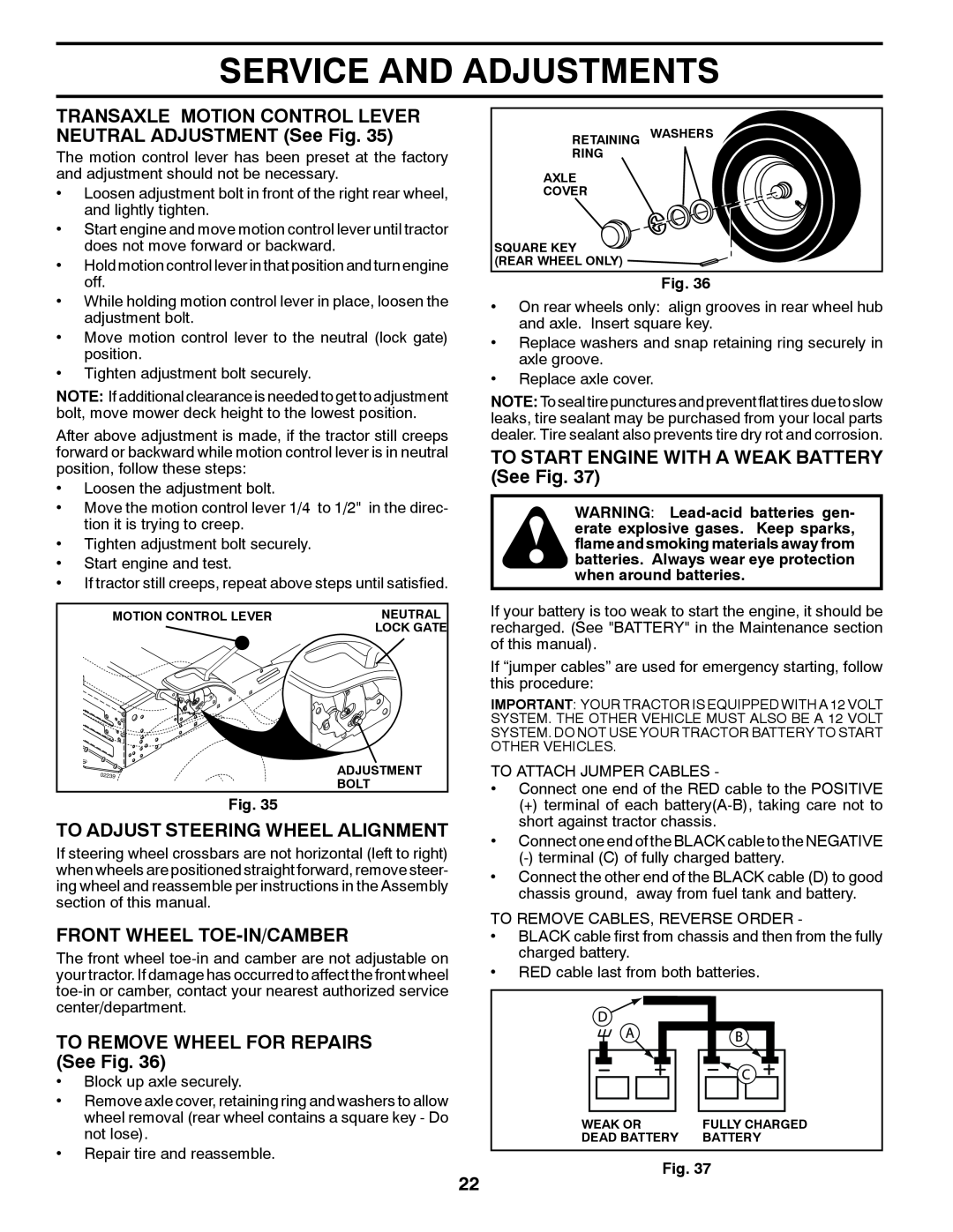 Poulan 431535, 96042010701 manual Service And Adjustments, TRANSAXLE MOTION CONTROL LEVER NEUTRAL ADJUSTMENT See Fig 