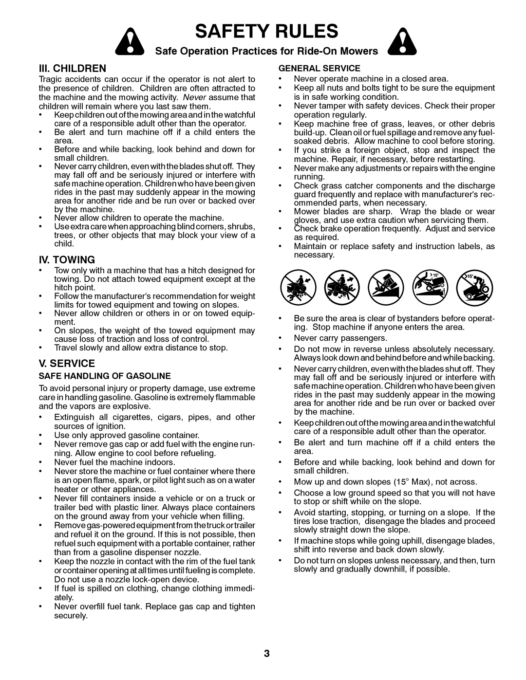 Poulan 96042010701 manual Safety Rules, Safe Operation Practices for Ride-On Mowers, Iii. Children, Iv. Towing, V. Service 