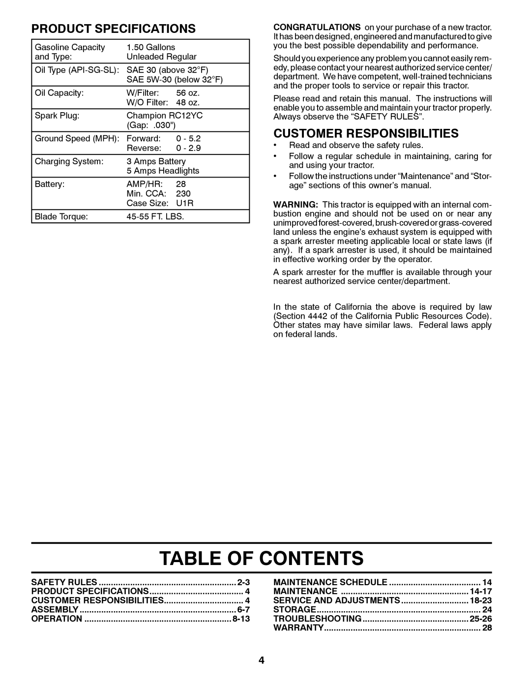 Poulan 431535, 96042010701 manual Table Of Contents, Product Specifications, Customer Responsibilities 