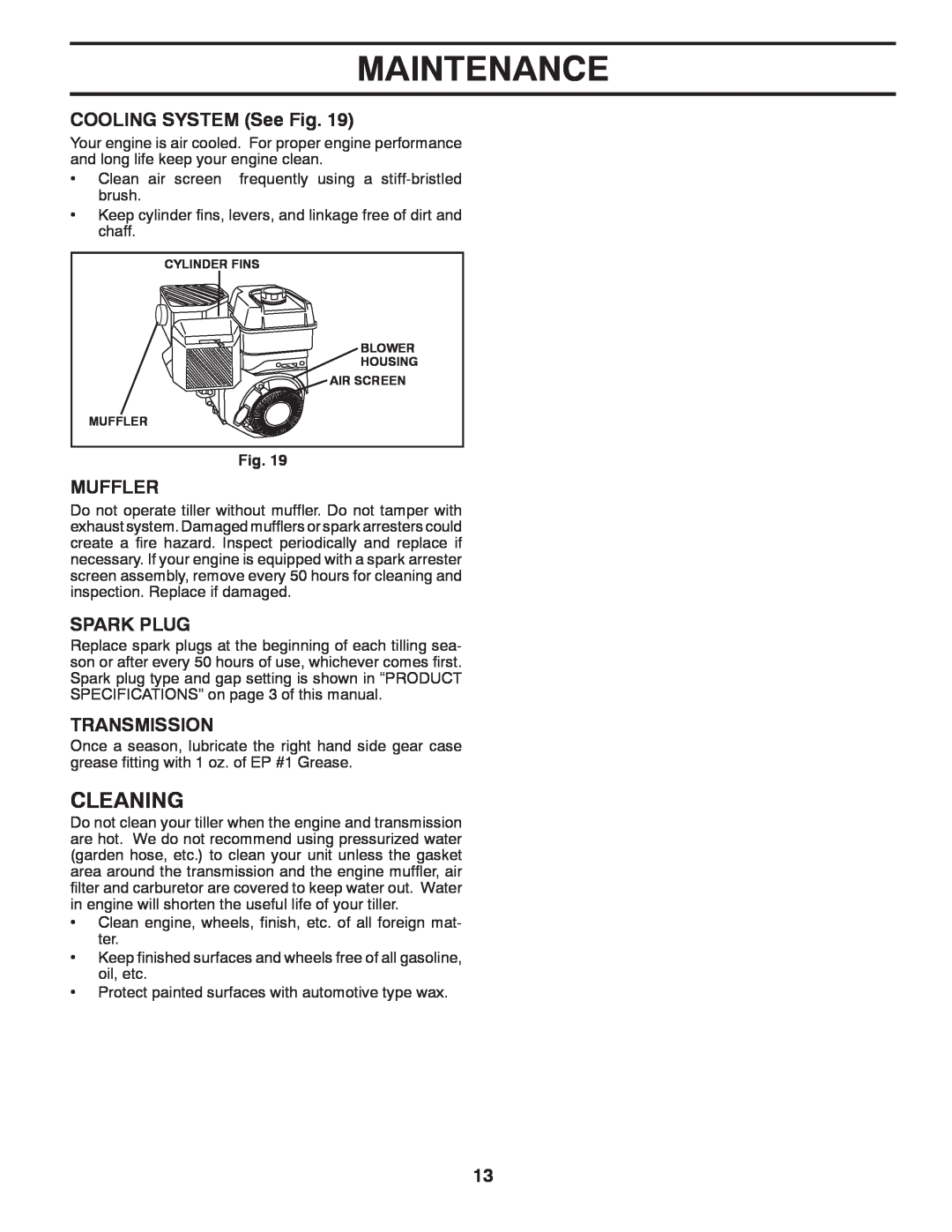 Poulan 96092002200, 433107 manual Cleaning, COOLING SYSTEM See Fig, Muffler, Spark Plug, Transmission, Maintenance 