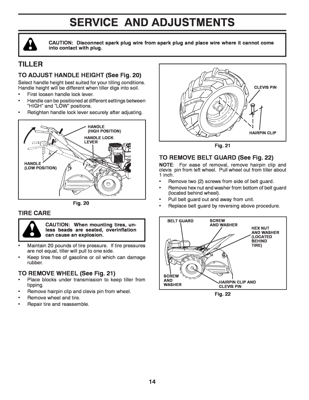 Poulan 433107 Service And Adjustments, Tiller, TO ADJUST HANDLE HEIGHT See Fig, TO REMOVE BELT GUARD See Fig, Tire Care 