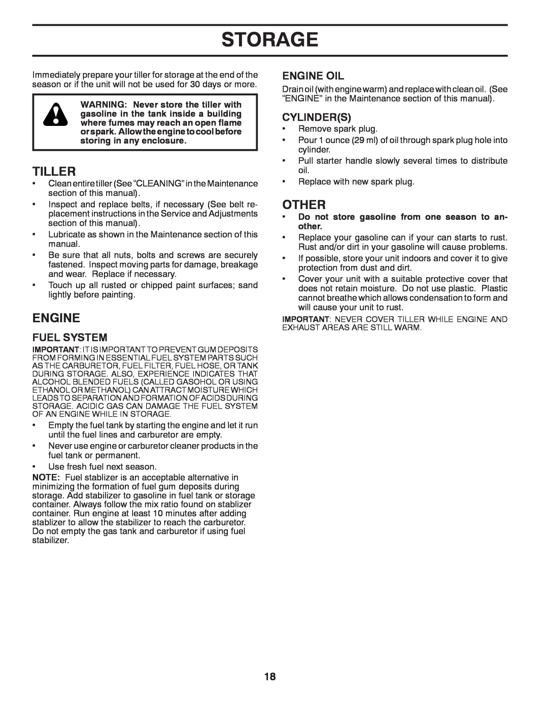 Poulan 433107, 96092002200 manual Storage, Other, Fuel System, Engine Oil, Cylinders, Tiller 