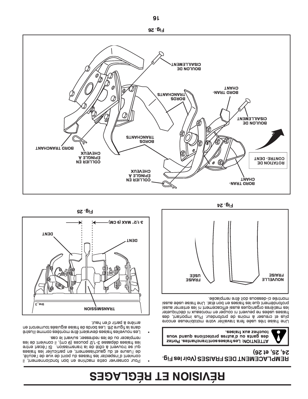 Poulan 96092002200, 433107 manual 26 et, Fig les Voir FRAISES DES REMPLACEMENT, Réglages Et Révision 