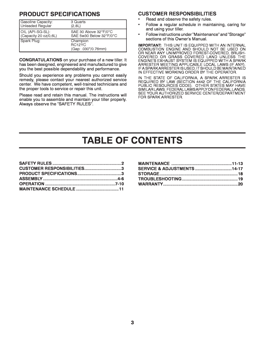 Poulan 96092002200, 433107 manual Table Of Contents, Product Specifications, Customer Responsibilities 