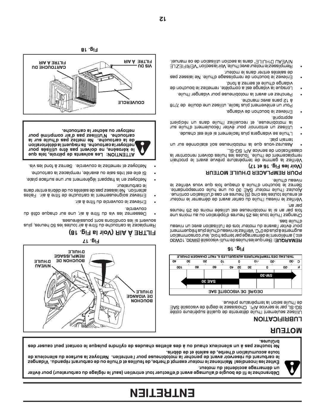 Poulan 96092002200, 433107 manual Moteur, Fig la Voir AIR À FILTRE, Lubrification, Entretien 