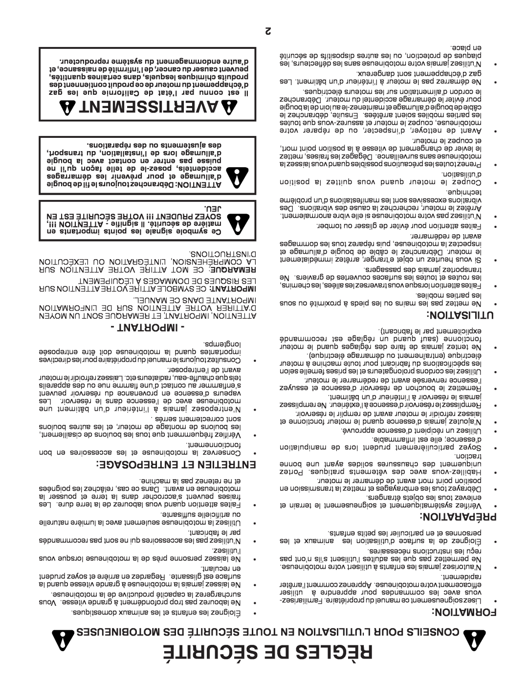 Poulan 96092002200, 433107 manual Entreposage Et Entretien, Utilisation, Préparation, Formation, Avertissement 