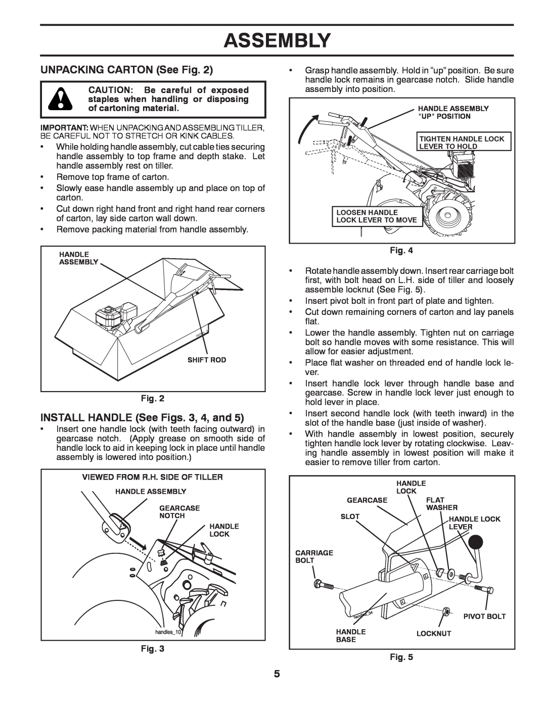 Poulan 96092002200, 433107 manual UNPACKING CARTON See Fig, INSTALL HANDLE See Figs. 3, 4, and, Assembly 