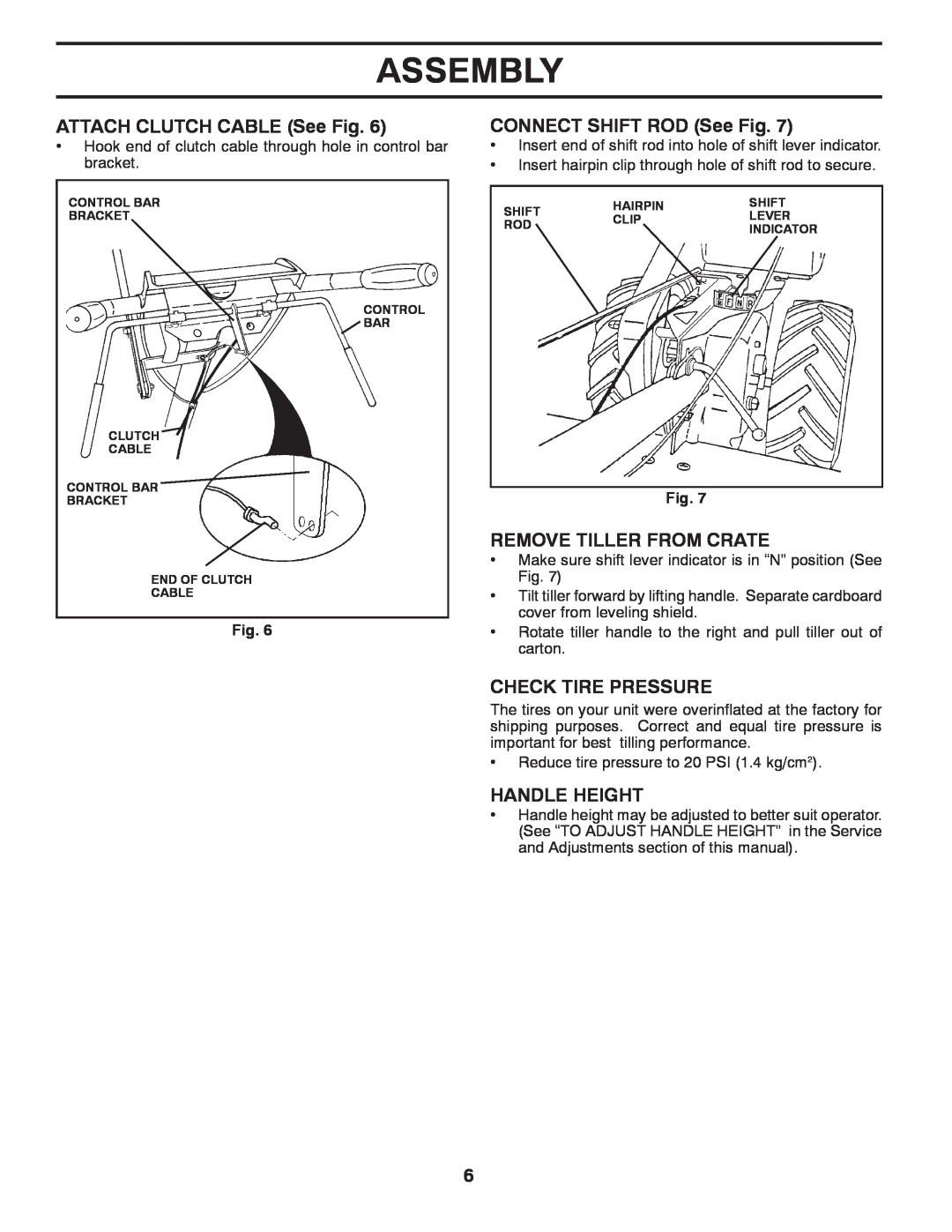 Poulan 433107 manual ATTACH CLUTCH CABLE See Fig, CONNECT SHIFT ROD See Fig, Remove Tiller From Crate, Check Tire Pressure 