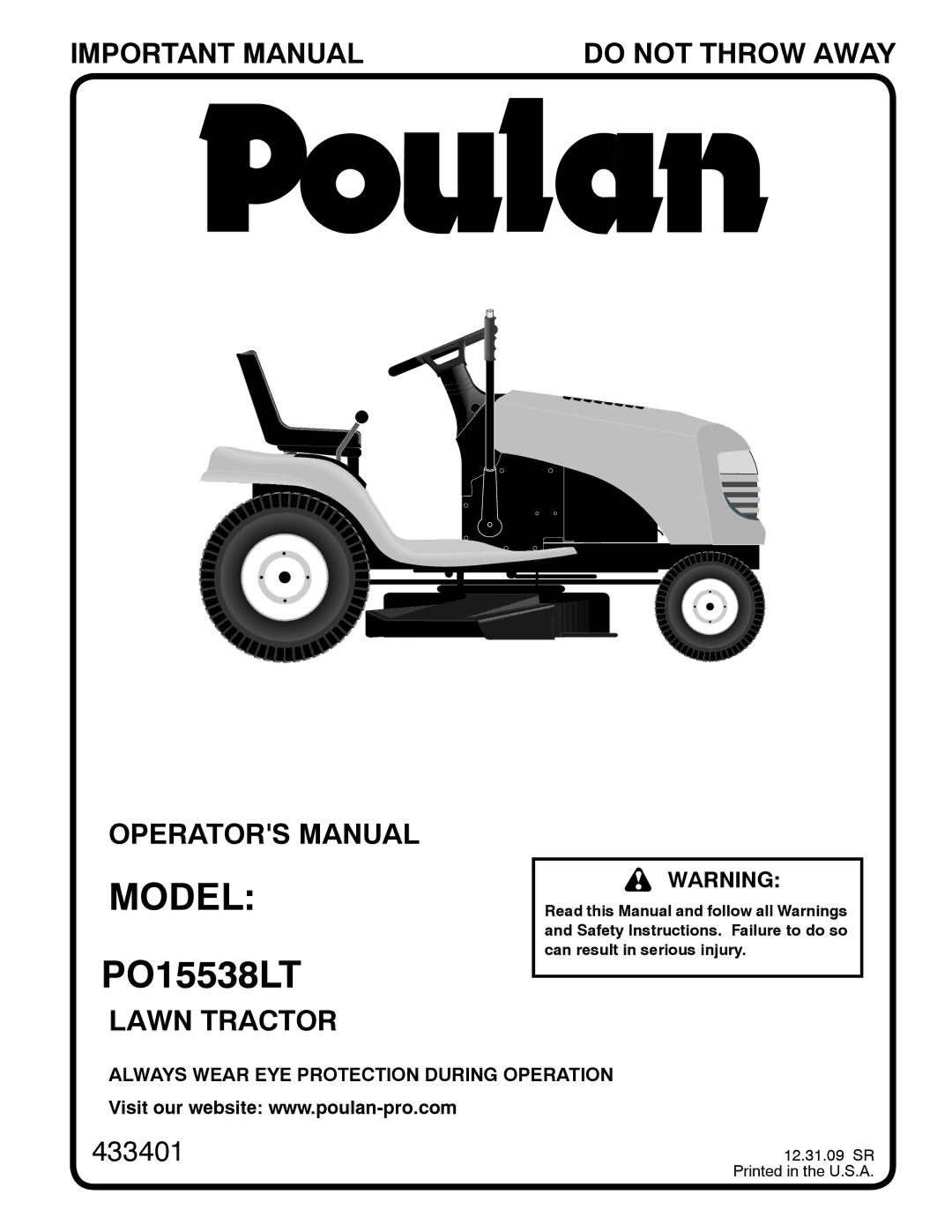 Poulan 433401 manual Model 