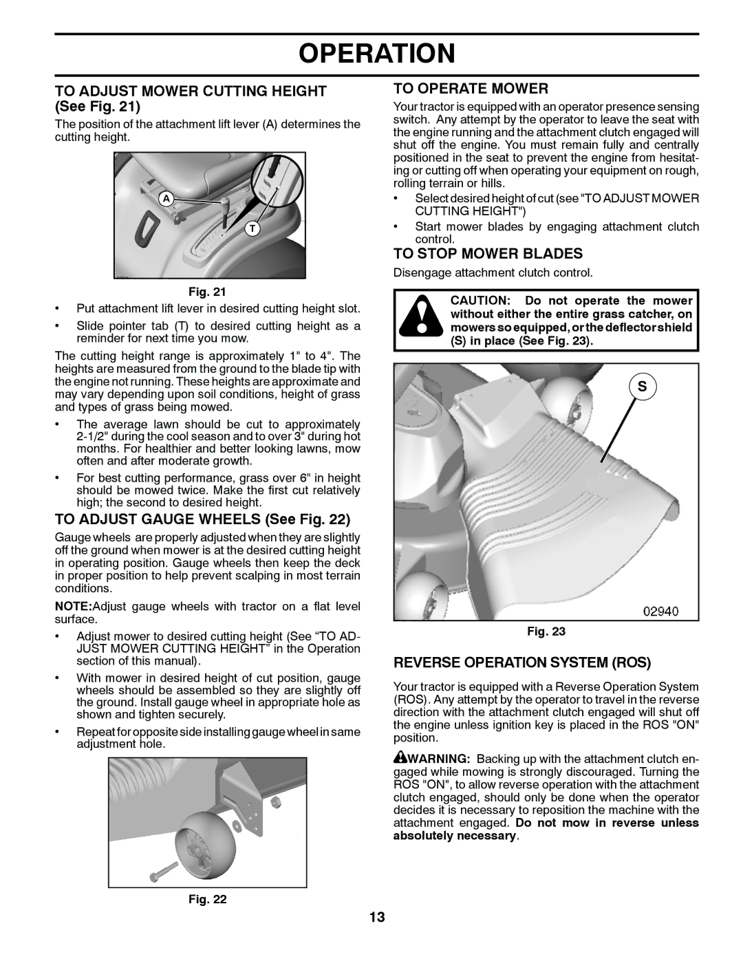 Poulan 96042011100, 434534 manual To Adjust Mower Cutting Height See Fig, To Adjust Gauge Wheels See Fig, To Operate Mower 