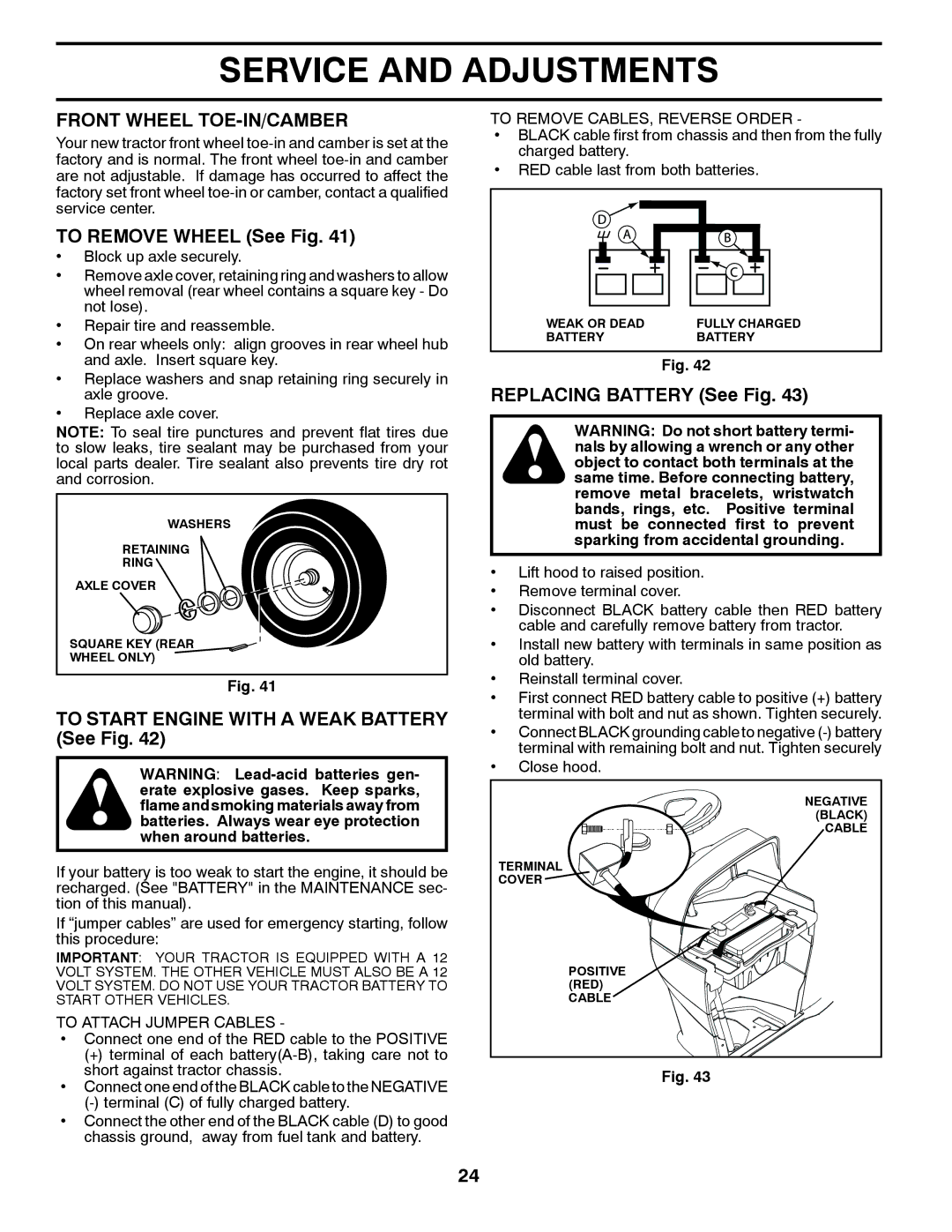 Poulan 434534, 96042011100 Front Wheel TOE-IN/CAMBER, To Remove Wheel See Fig, To Start Engine with a Weak Battery See Fig 