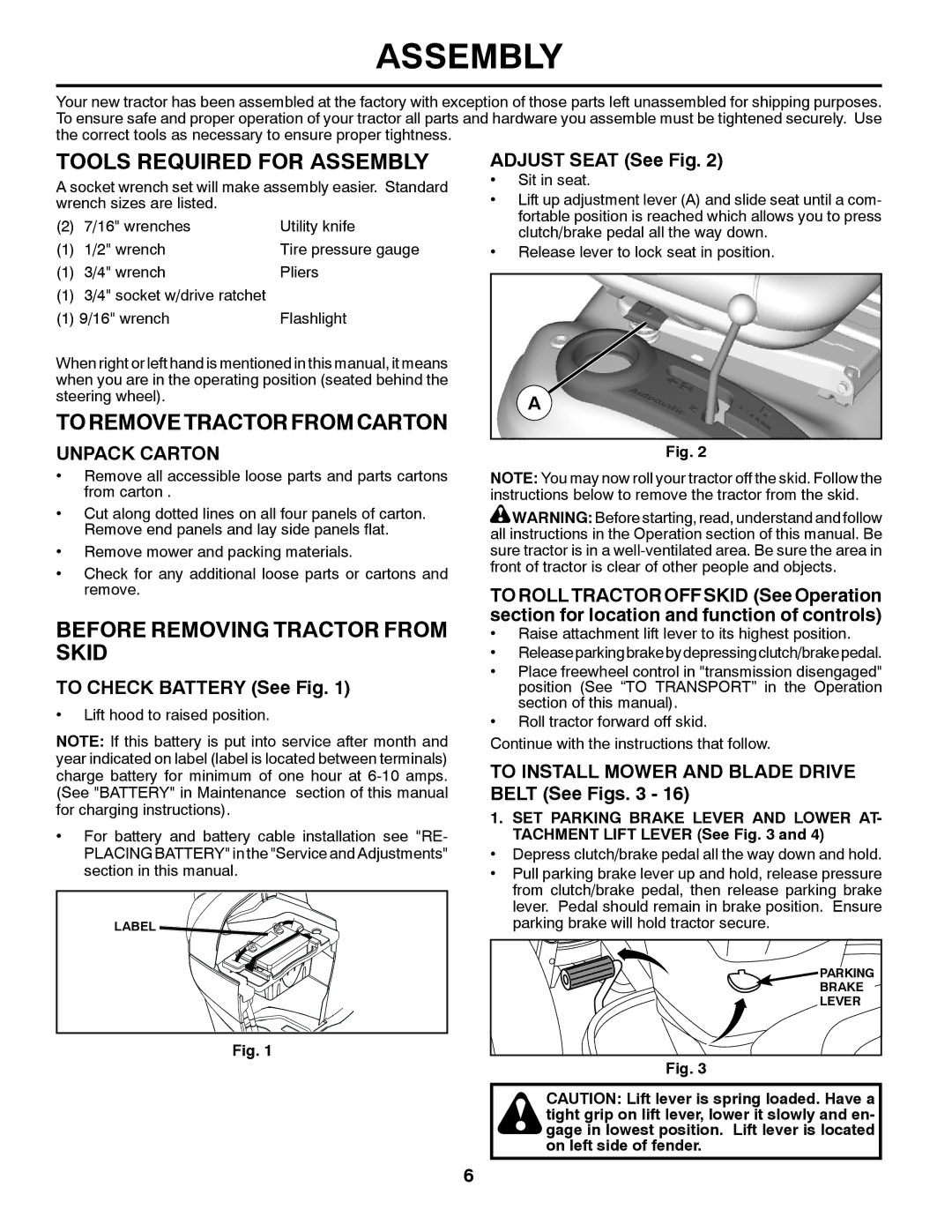 Poulan 434534 Tools Required for Assembly, Toremovetractorfromcarton, Before Removing Tractor from Skid, Unpack Carton 