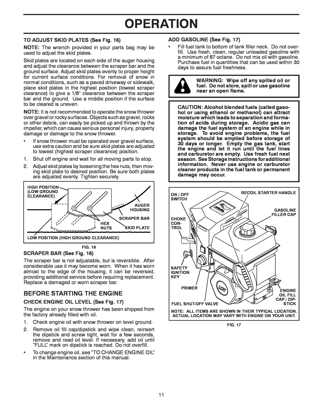 Poulan 96192003700, 435356 Before Starting The Engine, Operation, TO ADJUST SKID PLATES See Fig, SCRAPER BAR See Fig 