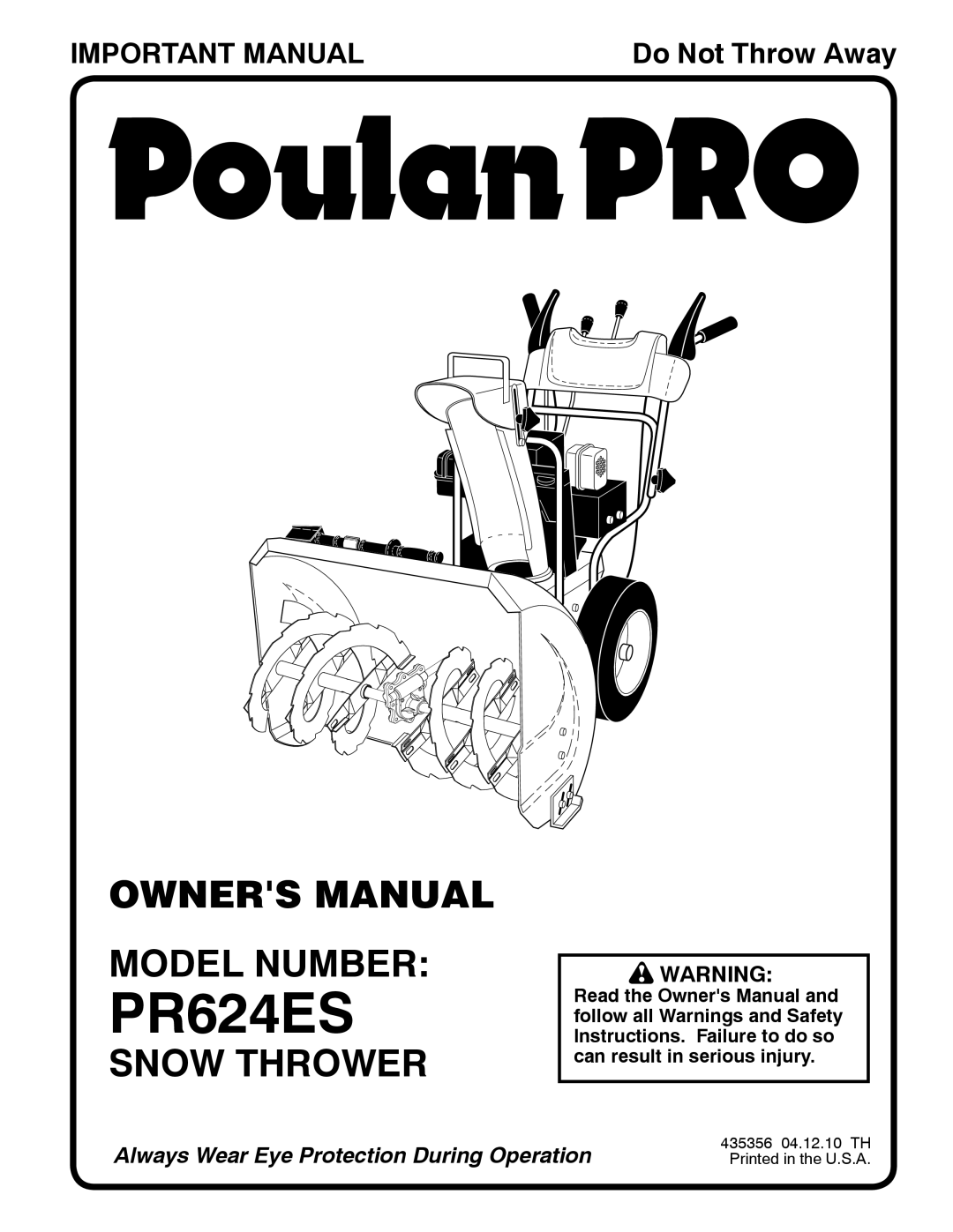 Poulan 96192003700, 435356 owner manual Model Number, Snow Thrower 