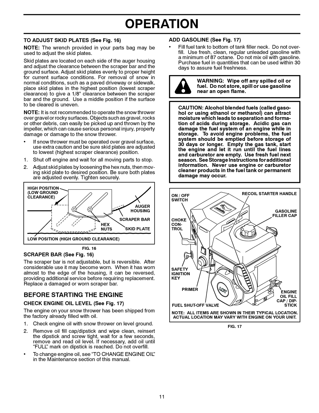 Poulan 96192003700 Before Starting the Engine, To Adjust Skid Plates See Fig, Scraper BAR See Fig, ADD Gasoline See Fig 