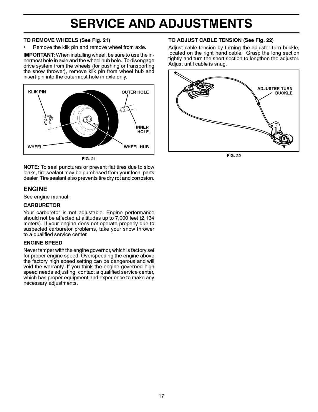 Poulan 96192003700, 435356 owner manual To Remove Wheels See Fig, Carburetor, Engine Speed, To Adjust Cable Tension See Fig 