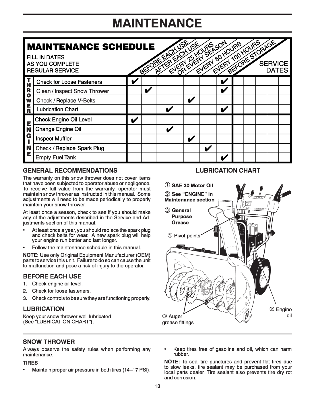 Poulan 96192003800 Maintenance, General Recommendations, Before Each Use, Snow Thrower, Lubrication Chart, Tires 