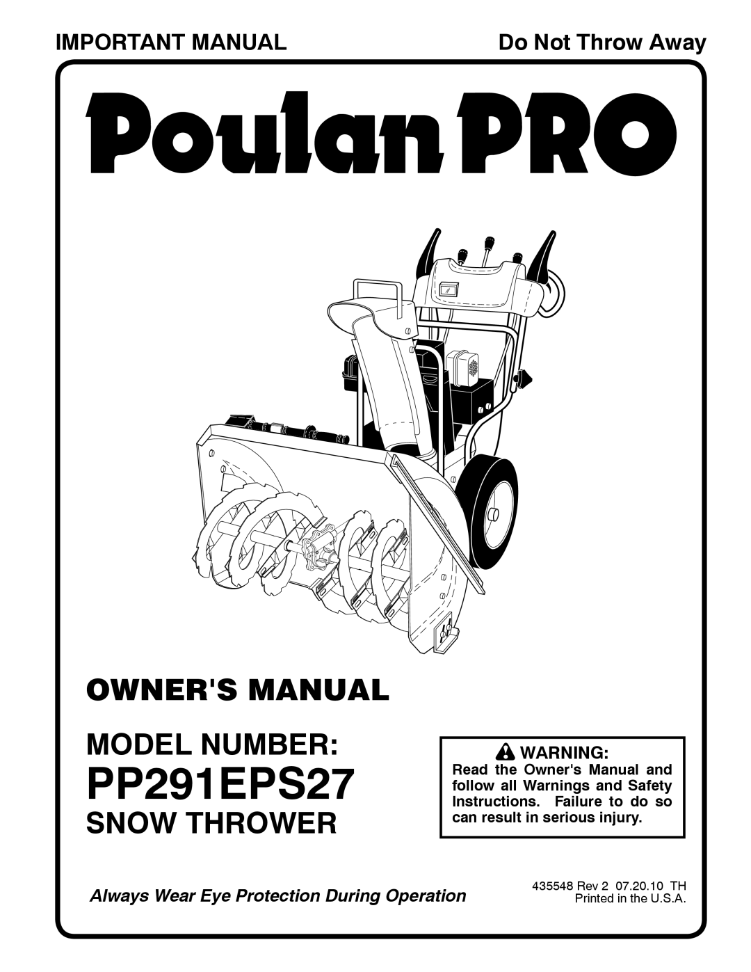 Poulan 96198002901 owner manual Owners Manual Model Number, Snow Thrower, Important Manual, PP291EPS27, Do Not Throw Away 