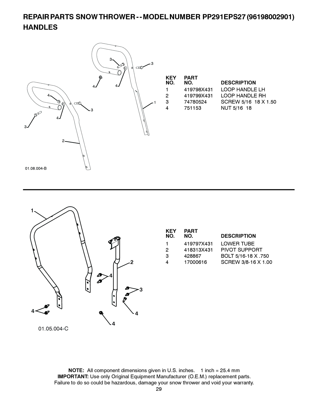 Poulan 96198002901, 435548 owner manual Loop Handle LH, Loop Handle RH, Lower Tube, Pivot Support 