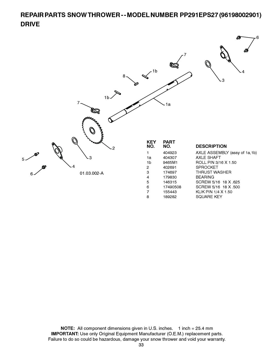 Poulan 96198002901, 435548 owner manual Repair Parts Snow Thrower - Model Number PP291EPS27 Drive 