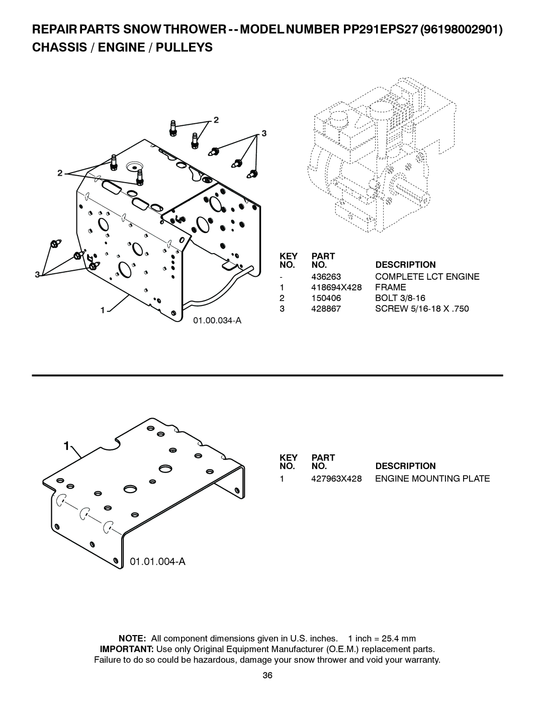 Poulan 435548, 96198002901 owner manual Complete LCT Engine, Frame, 427963X428, Engine Mounting Plate 