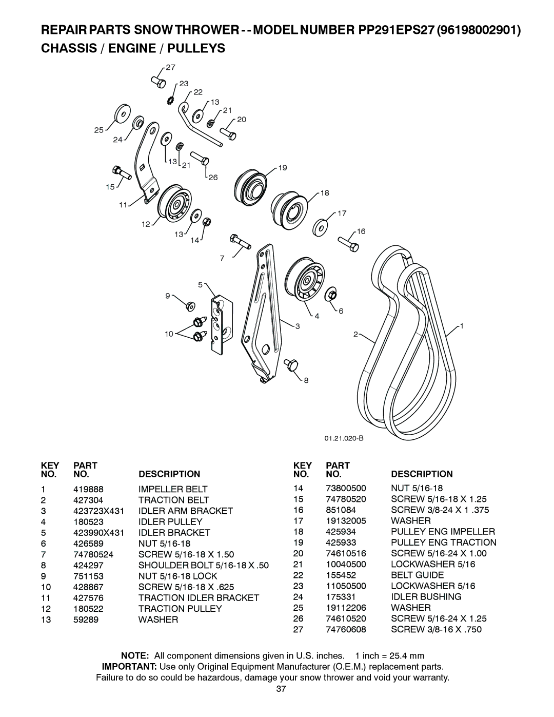 Poulan 96198002901, 435548 Impeller Belt, Traction Belt, Idler ARM Bracket, Idler Pulley, Idler Bracket, Belt Guide 