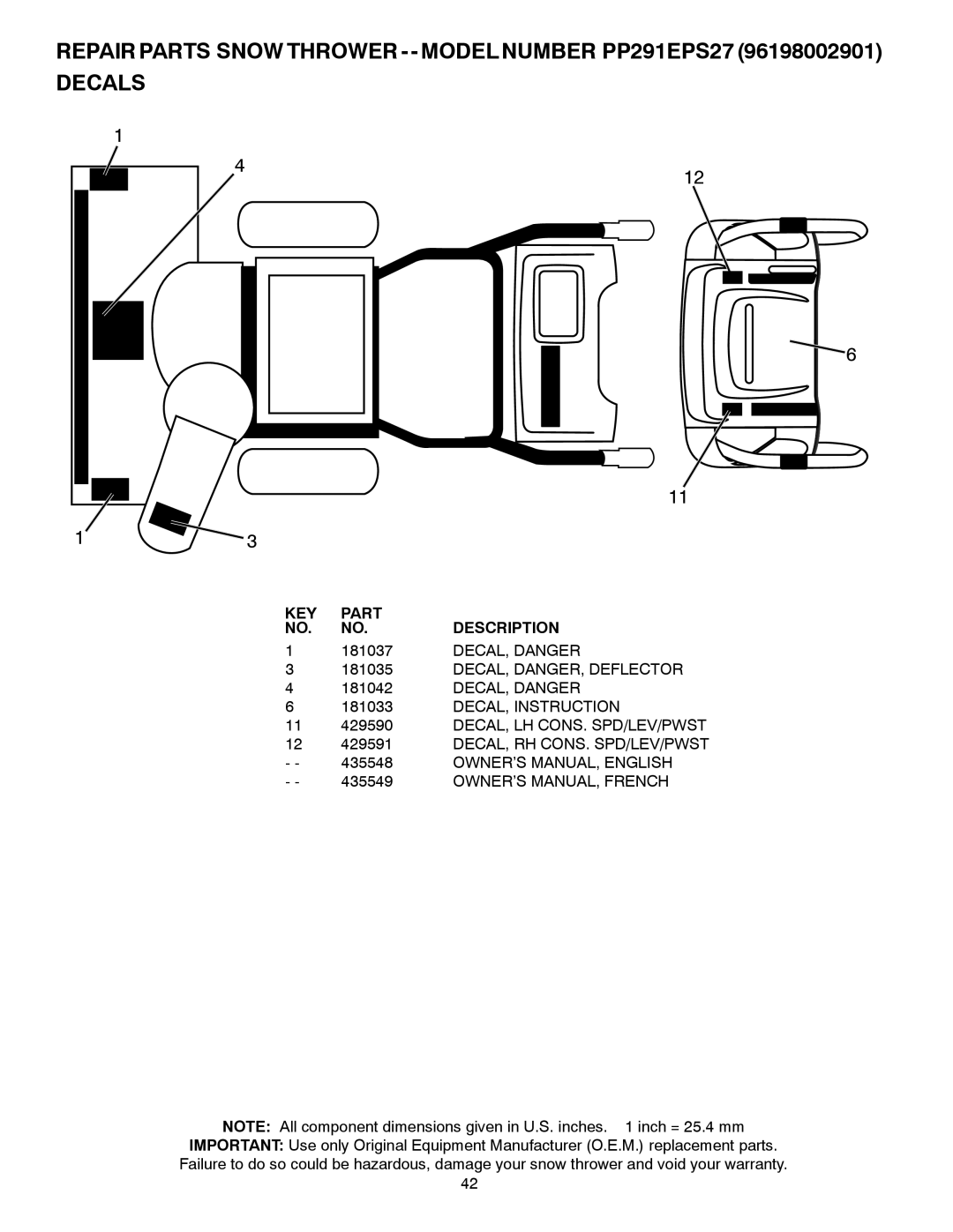 Poulan 435548, 96198002901 owner manual 181037, DECAL, Danger, DECAL, DANGER, Deflector, DECAL, Instruction 