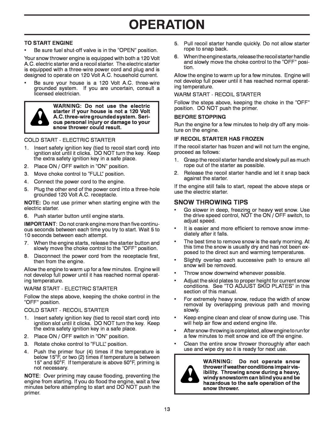 Poulan 435551 owner manual Snow Throwing Tips, Operation, To Start Engine, Before Stopping, If Recoil Starter Has Frozen 