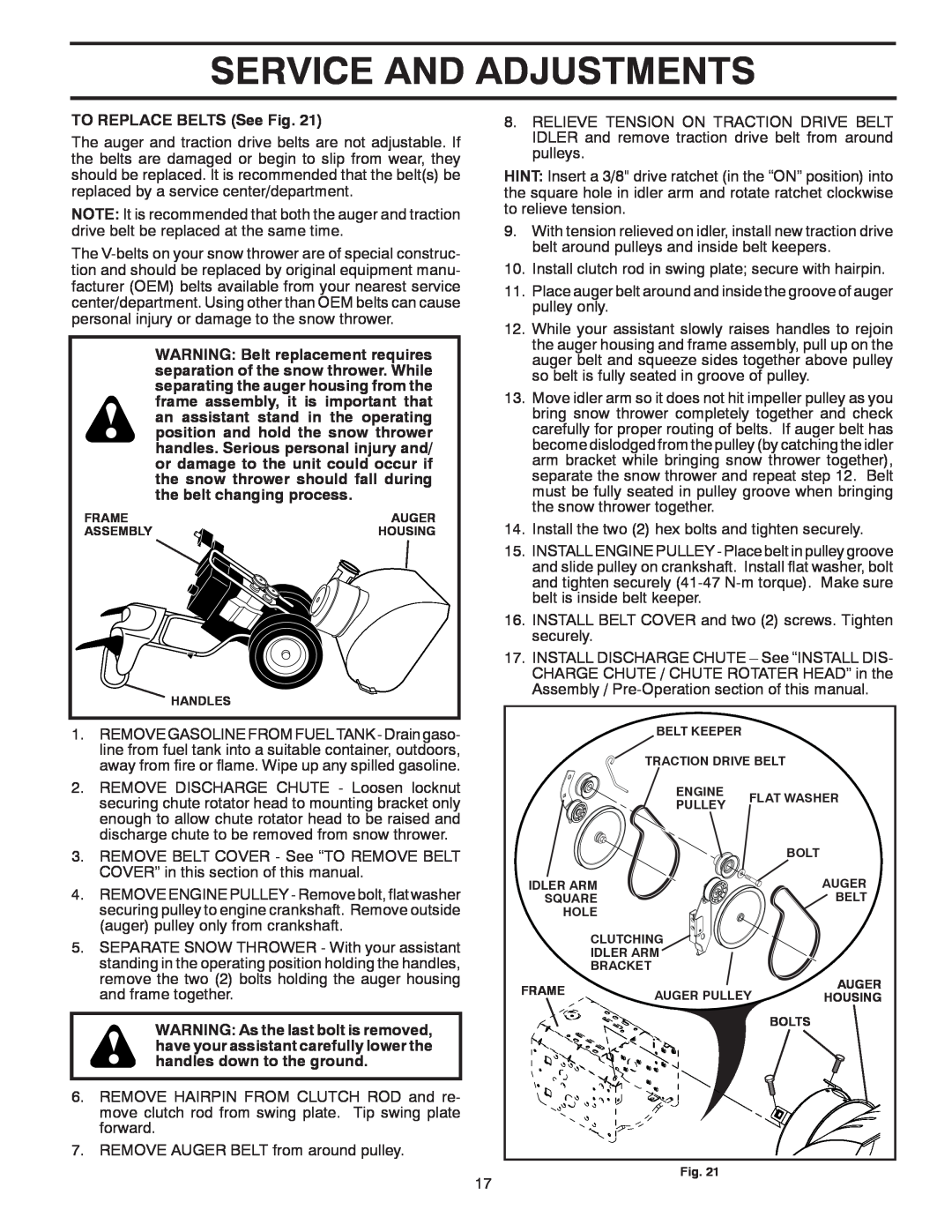 Poulan 435551 owner manual Service And Adjustments, TO REPLACE BELTS See Fig 