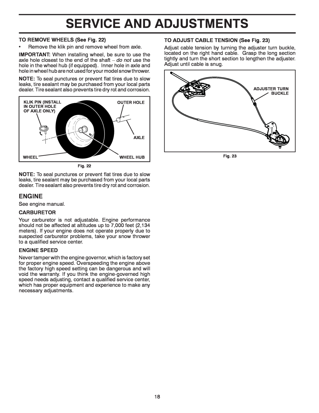 Poulan 435551 Service And Adjustments, TO REMOVE WHEELS See Fig, Carburetor, Engine Speed, Klik Pin Install, Axle 