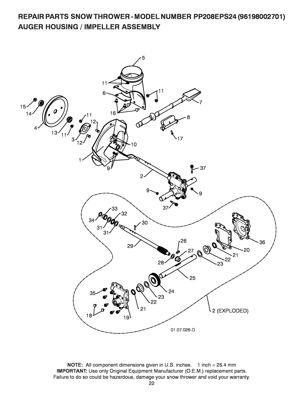 Poulan 435551 owner manual Exploded, REPAIR PARTS SNOW THROWER - MODEL NUMBER PP208EPS24, Auger Housing / Impeller Assembly 