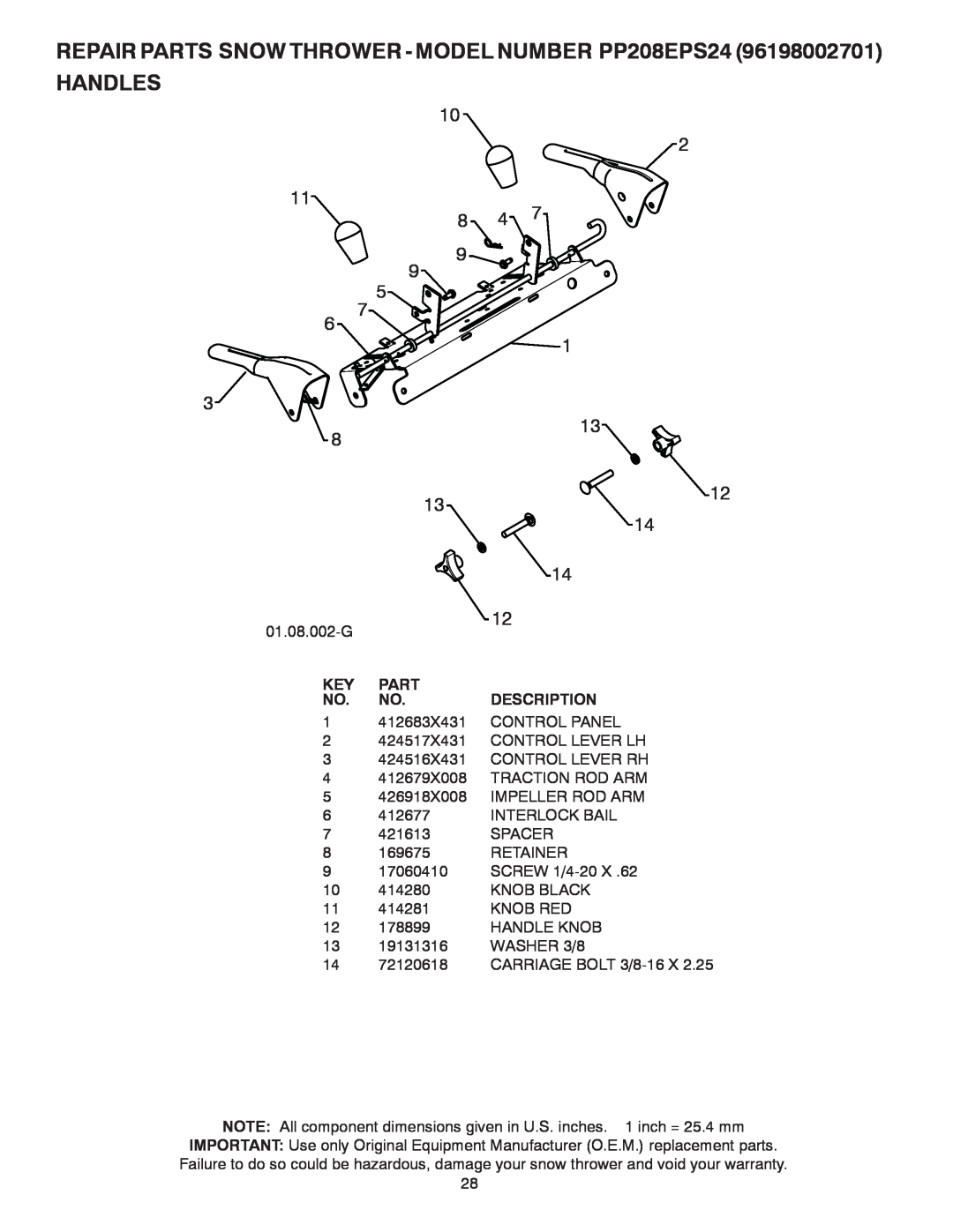 Poulan 435551 owner manual REPAIR PARTS SNOW THROWER - MODEL NUMBER PP208EPS24 HANDLES, Part, Description 