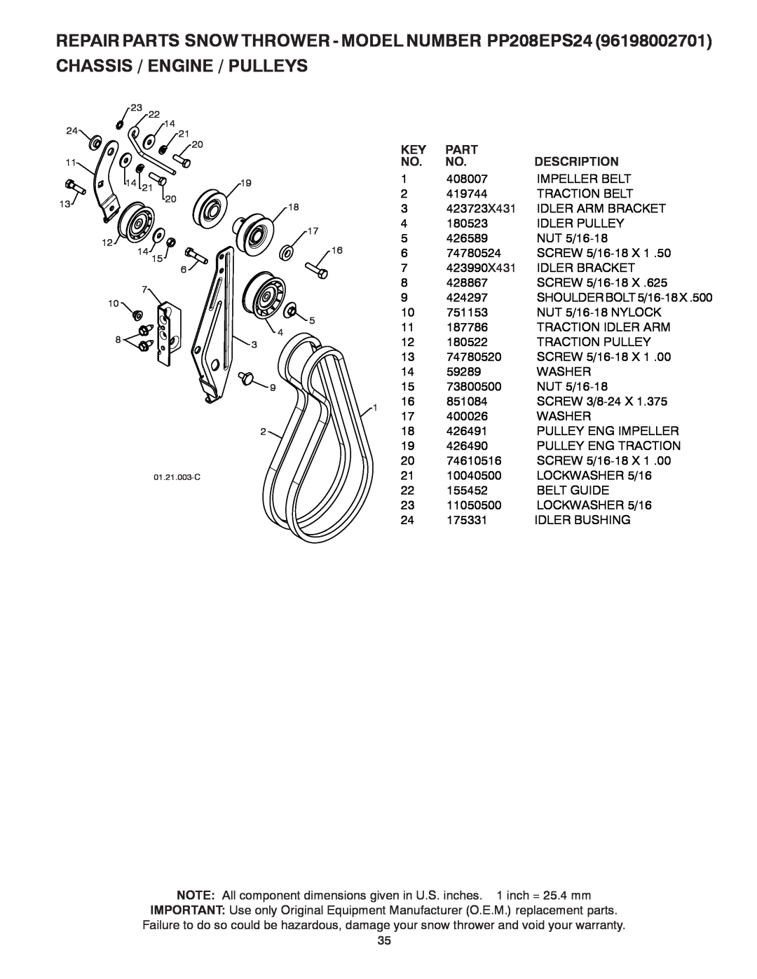 Poulan 435551 REPAIR PARTS SNOW THROWER - MODEL NUMBER PP208EPS24, Chassis / Engine / Pulleys, SHOULDER BOLT 5/16-18 